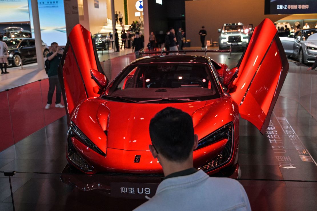 A Yangwang U9 luxury sportscar is displayed during the Shanghai auto show.