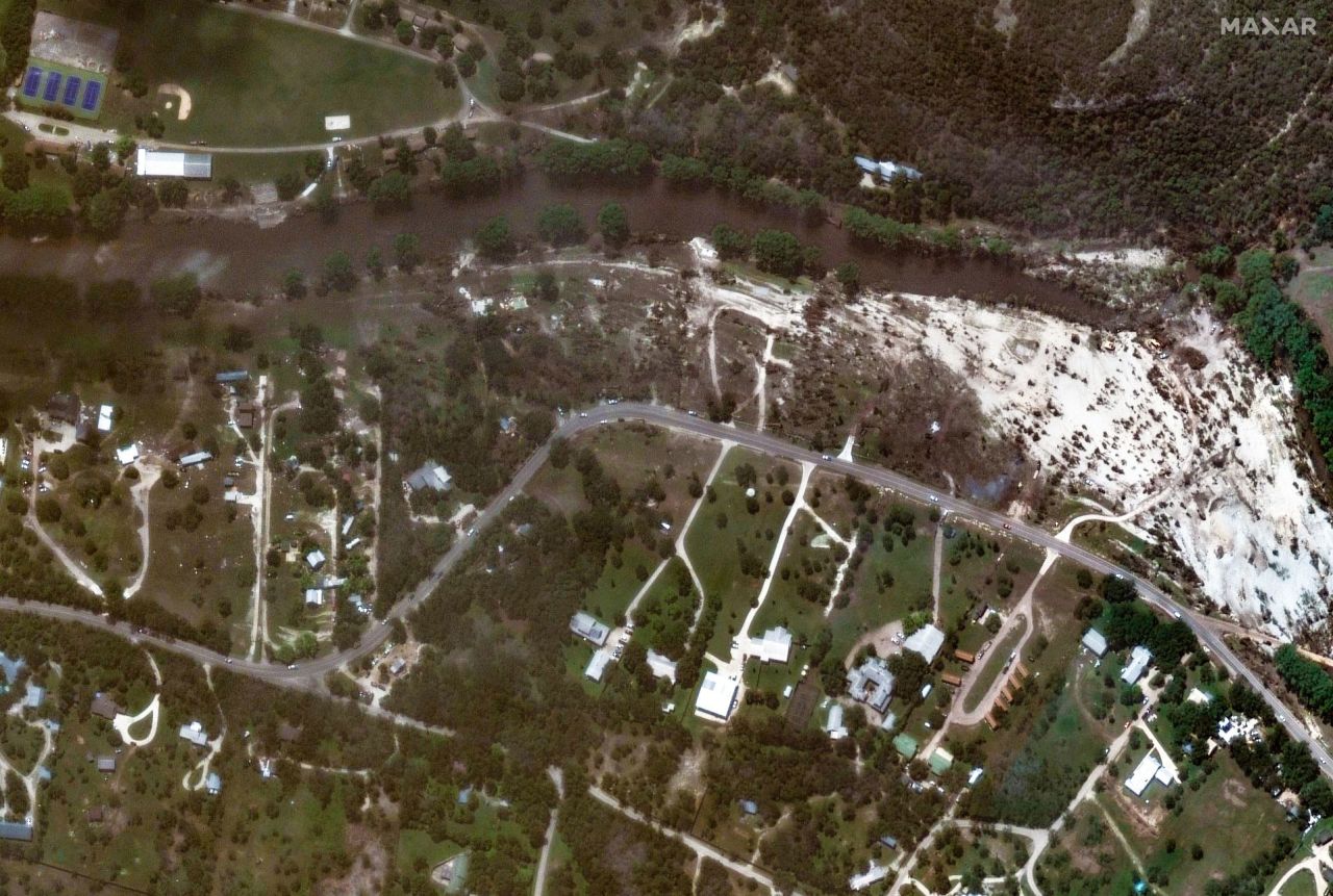 A satellite image of shows homes washed away near the Guadalupe River along State Highway 39 on July 8, 2025, after the floods.