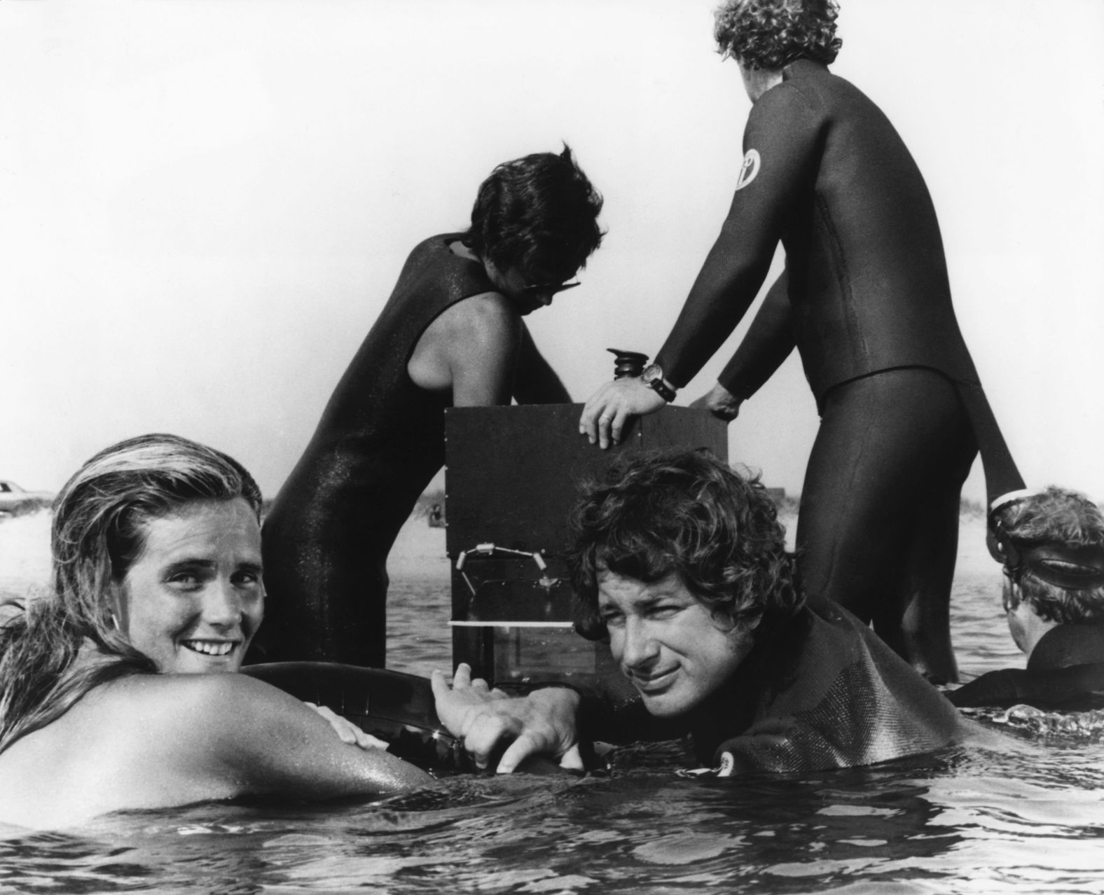 Susan Backlinie and Spielberg prepare to shoot the film's iconic opening, which doesn't end well for the skinny-dipper played by Backlinie. During production, the crew wasn't sure if the film was "going to flop on its face," Backlinie <a href="index.php?page=&url=https%3A%2F%2Fwww.cnn.com%2F2010%2FSHOWBIZ%2FMovies%2F06%2F29%2Fjaws.anniversary%2Findex.html">told</a> CNN in 2010.