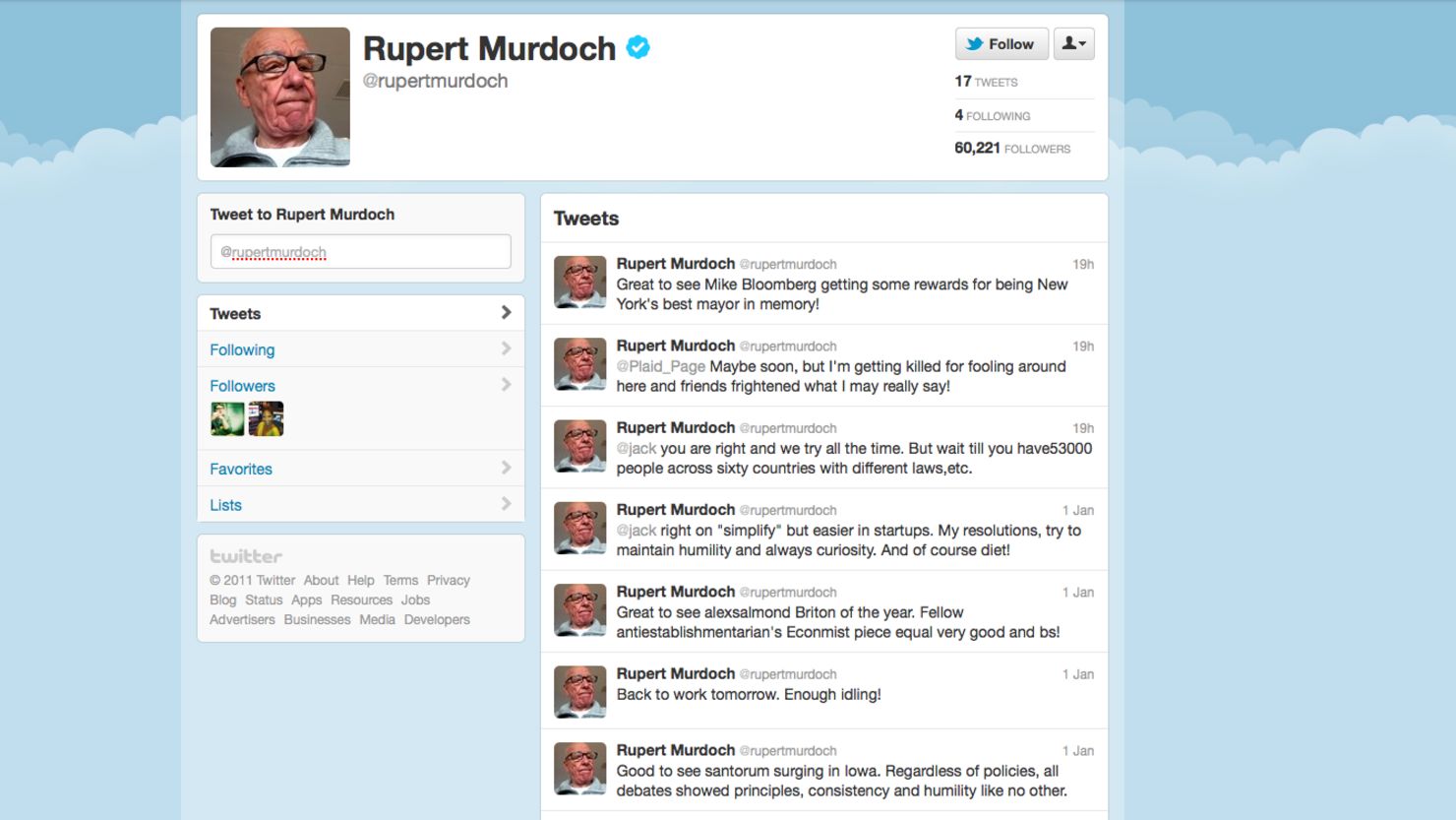 Media mogul Rupert Murdoch has followed four users since joining Twitter this weekend -- and one's a fake.