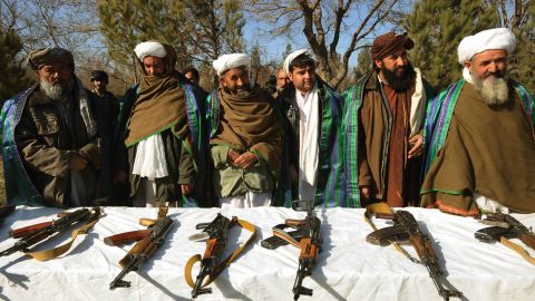Taliban fighters stand near their weapons after joining Afghanistan government forces at a ceremony in Herat on December 29.