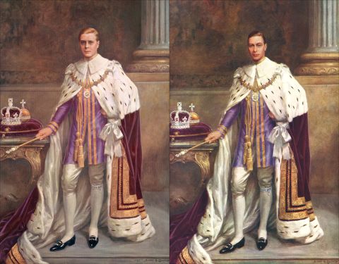 A newly discovered picture of King Edward VIII, who abdicated in 1936, shows the portrait was reused -- after careful "editing" by artist Albert H Collings -- to show his successor, King George VI. 