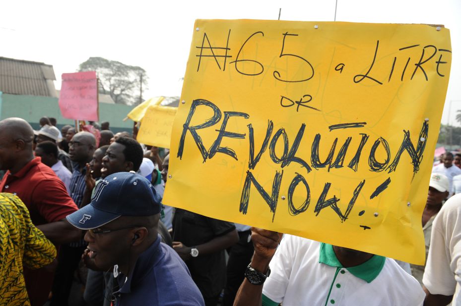On January 3, 2012, union and civil rights activists marched in Lagos, Nigeria, to protest the removal of petrol subsidies by the government.