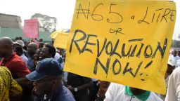 Union and civil rights activists march in Lagos, Nigeria, to protest the removal of petrol subsidies by the government.