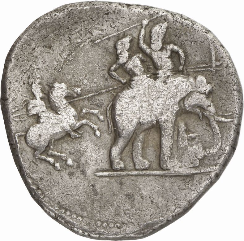 The coin is believed to commemorate Alexander the Great's defeat of the Indian King Poros at the battle of the Hydaspes in 326 B.C.