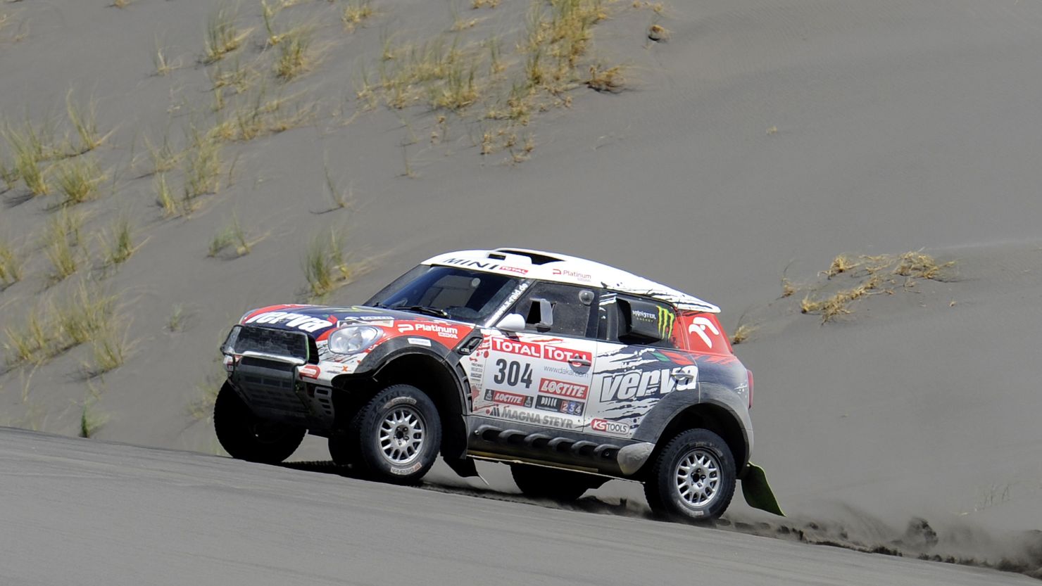 Krzysztof Holowczyc of Poland takes his Mini to second place on stage three of the Dakar Rally to take the overall lead.