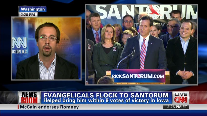 Evangelicals helped bring Santorum within 8 votes of victory in Iowa.