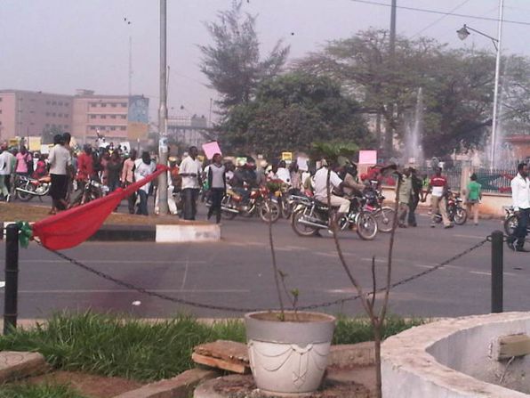 Obi Akwukwuma, 47, observed the demonstrations at King's Square in Benin City on Thursday, January 5. Akwukwuma, who works on an engineering project nearby, took this photo with his BlackBerry as demonstrators protested the removal of fuel subsidy.