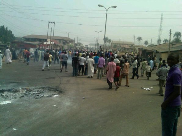 Freelance journalist Mohammed Bashir observed the large protest in his town of Lokoja, Nigeria, on Tuesday, January 3. He snapped this photo with his BlackBerry as hundreds gathered in the street.
