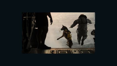 A U.S. Army soldier and his military working dog jump off the ramp of a Chinook helicopter during water training over the Gulf of Mexico