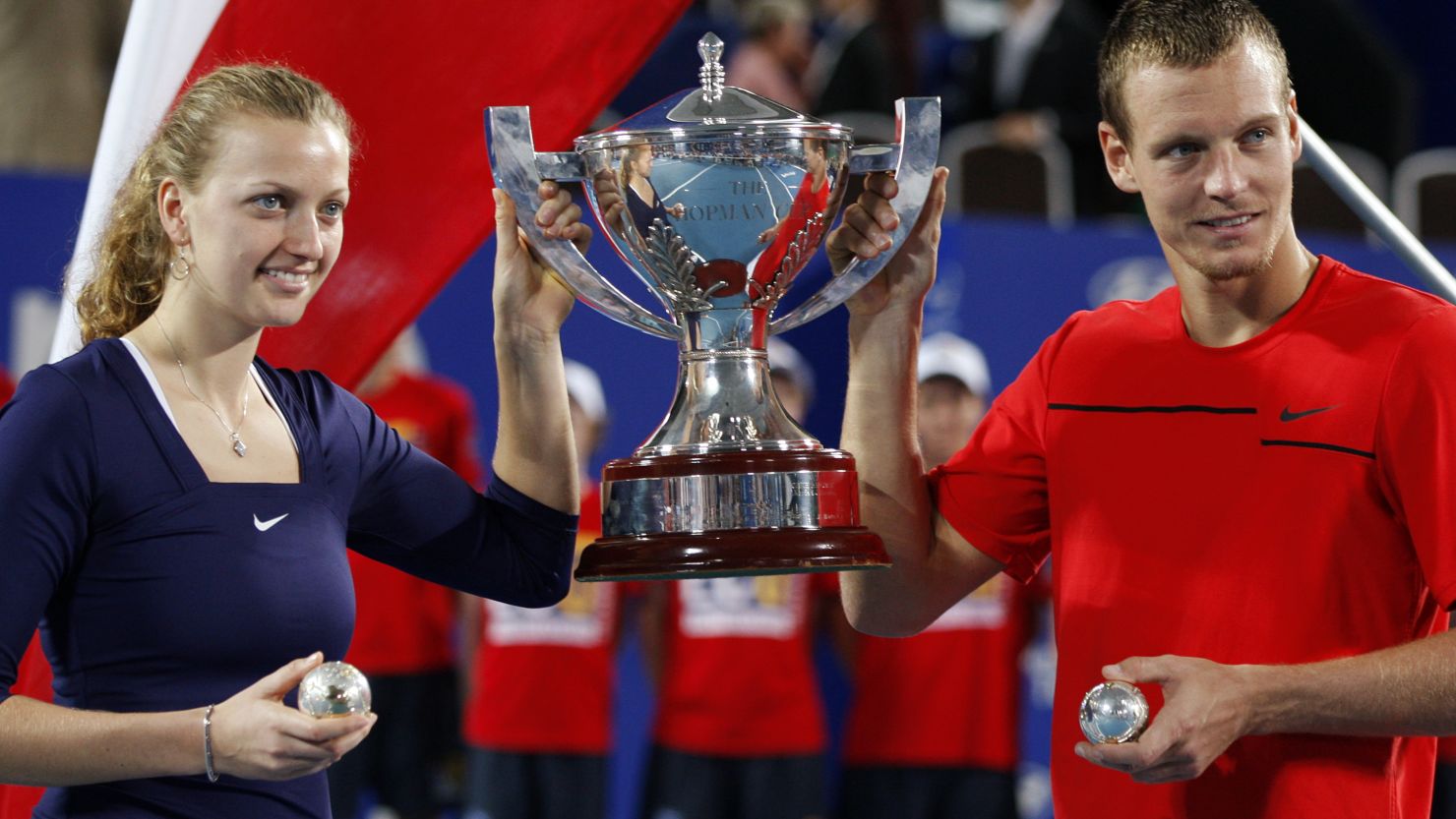 Czech tennis stars Petra Kvitova, left, and Tomas Berdych celebrate winning the Hopman Cup in Perth on Saturday.