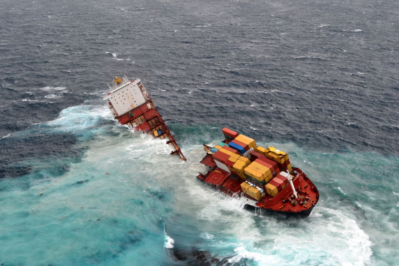 The MV Rena is split into two pieces on Sunday, January 8, after overnight bad weather pounded the vessel.  It ran aground in October on the Astrolabe Reef in Tauranga, New Zealand. 