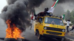 A bonfire burns as labour and civil society protest over fuel prices, on January 9, 2012 in Lagos, Nigeria.