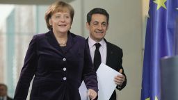 German Chancellor Angela Merkel and French President Nicolas Sarkozy following talks at the Chancellery in Berlin. 