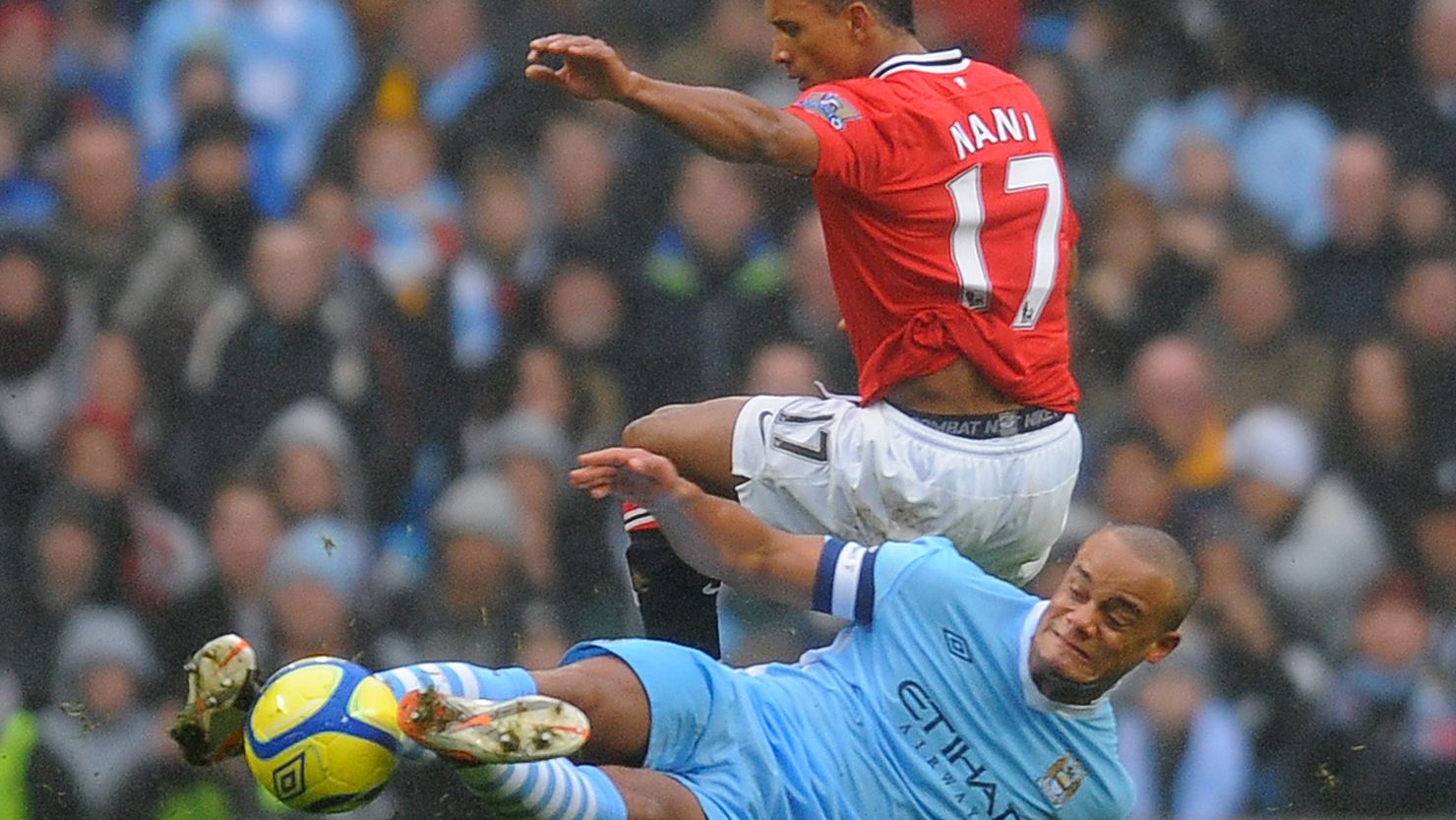 Manchester City captain Vincent Kompany was sent off for this tackle on Manchester United's Nani on Sunday.