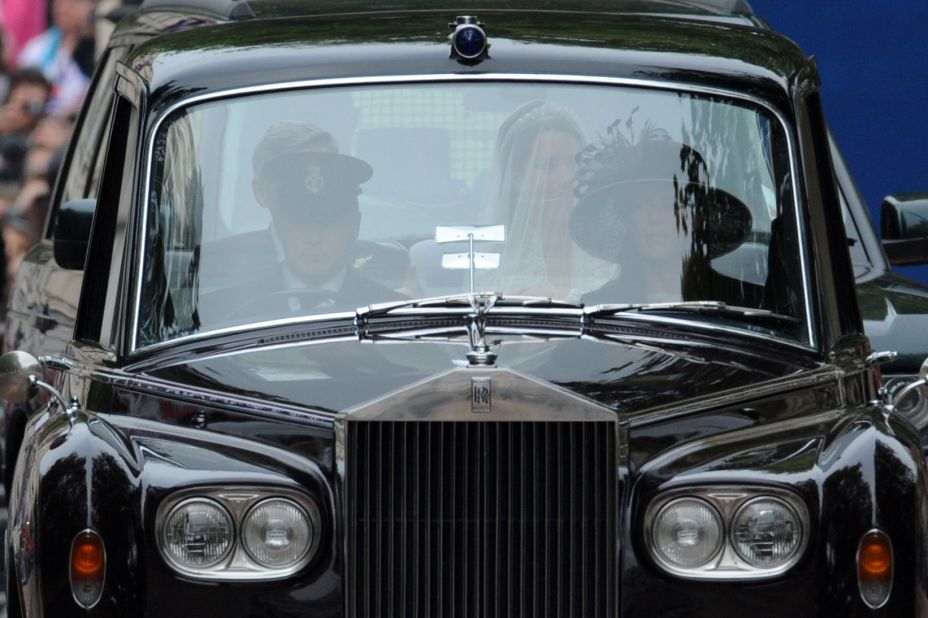 Catherine Middleton and her father Michael Middleton travel in a Phantom VI to Westminster Abbey for her wedding to Prince William on April 29, 2011 in London.