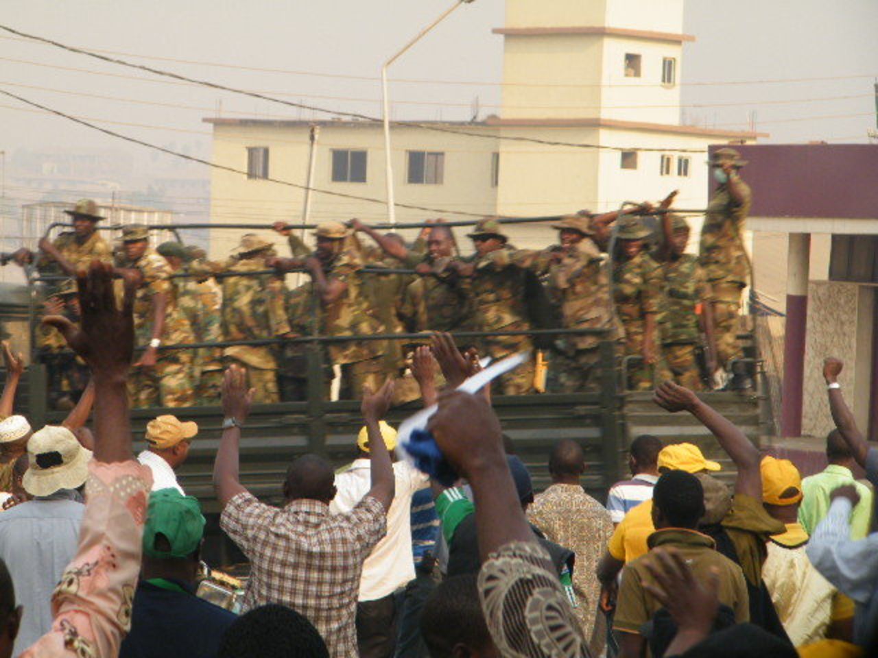 This picture, taken by iReporter Medaiyese Olorunjuwon shows the armed forces monitoring protesters in the city of Ilorin, Kwara State capital. Olorunjuwon said: "The protesters were cheering the armed forces... All in all it was peaceful."