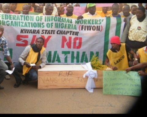 During the rally in Ilorin, Kwara State, demonstrators displayed a mock coffin, while demanding the government bring back fuel subsidies. 