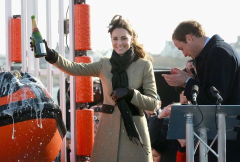 Prior to the royal wedding Kate took part in her first official public engagement, joining Prince William to launch a new lifeboat in Anglesey, north Wales.