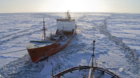BERING SEA — The Russian-flagged tanker Renda, carrying more than 1.3 million gallons of fuel, sits in the ice while the Coast Guard Cutter Healy crew breaks the ice around the tanker approximately 19 miles northwest of Nunivak Island Jan. 6, 2012. The cutter Healy crew is escorting the Renda crew to Nome, Alaska, where the tanker crew will offload the needed fuel to the city. U.S. Coast Guard photo by cutter Healy.