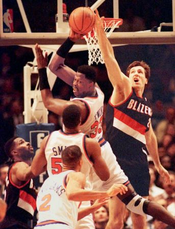 Portland Trail Blazers' Chris Dudley, right, blocks New York Knicks' Patrick Ewing at Madison Square Garden in 1995.  In 2010, Dudley was defeated as Republican candidate to be governor of Oregon.
