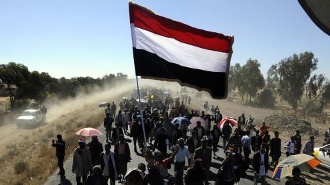 Yemeni protesters march in Dhamar during a rally on December 23.
