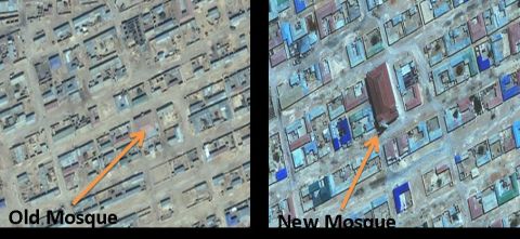 This satellite imagery shows the central part of the city of Garowe, Somalia. The picture on the left was taken in February 2002, the image on the right was taken in July 2009.