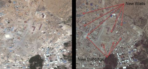 Satellite imagery showing the main town in Eyl. The picture on the left is from September 2005 and the picture on the right-hand side was taken in July 2009.