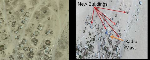 A satellite picture of Hobyo Radio station. The image on the left was taken in July 2006 and the picture on the right was taken in June 2010.