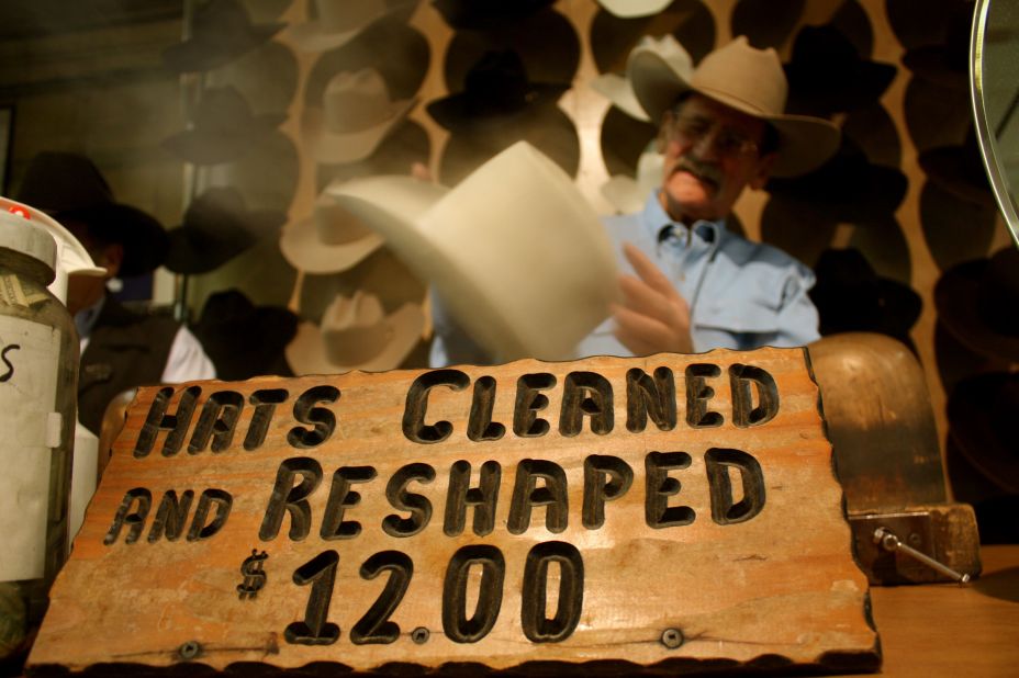 Ranchers can also take care of their own personal beauty needs.  Miles Flatley, pictured here, uses a steam table to soften the felt and re-shape hats that have gotten dirty or stretched out.  "A lot of cattlemen come to the stock show once a year and this is the only time they get their hats reshaped," he said.  "Some are more vain and come see me every few weeks." 