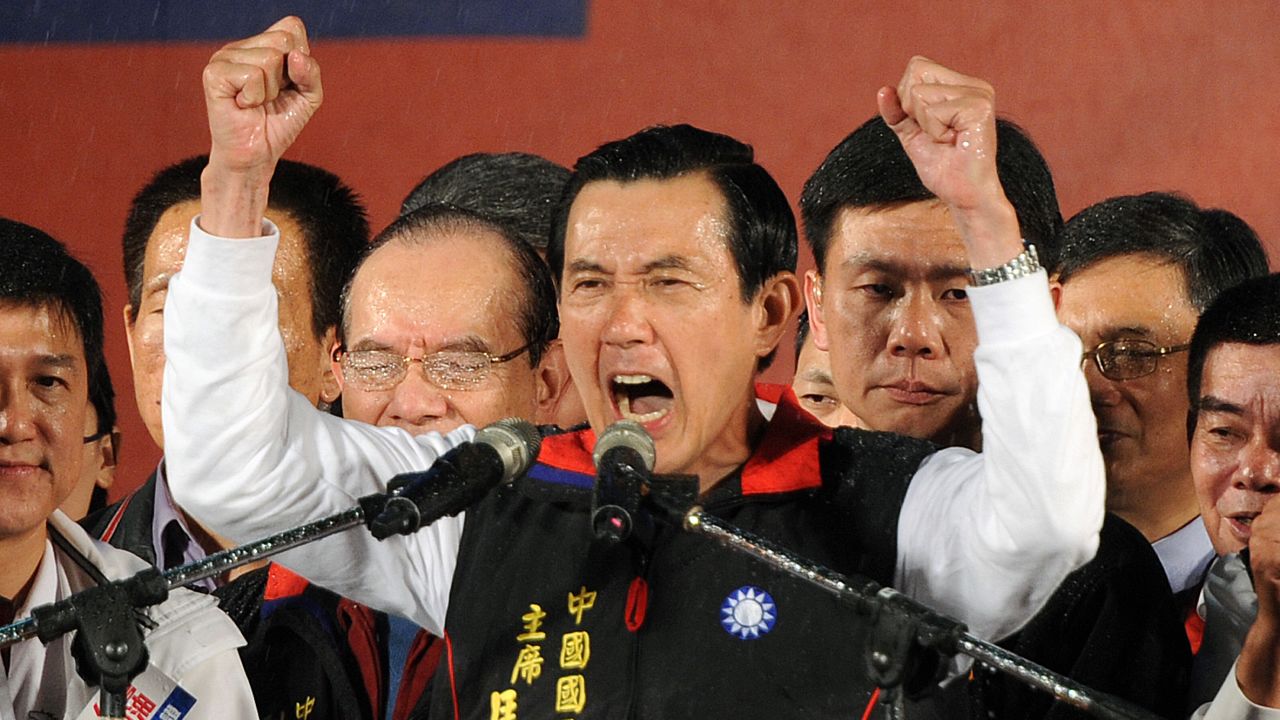 Ma Ying-jeou gestures to supporters outside the campaign headquarter in Taipei, Taiwan on January 14.