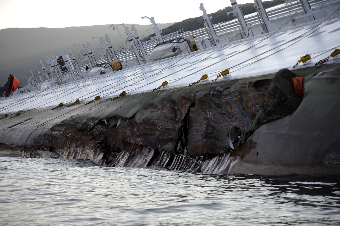 The ship had a breach on the hull about 90 meters (300 feet) long, according to Officer Emilio Del Santo of the Coastal Authorities of Livorno.