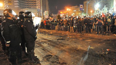 Romanian police take position in the center of Bucharest on January 15, 2012 during a demonstration against austerity measures.