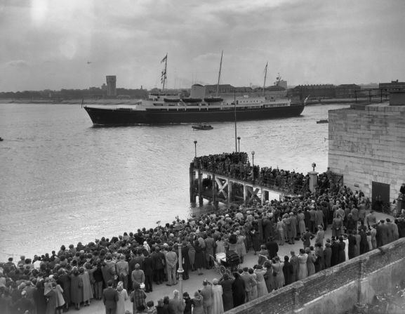Crowds gather to bid the Britannia farewell at Portsmouth in April 1954 when she was transporting Prince Charles and Princess Anne to Tubruq to join their parents on the last stage of a Commonwealth Tour.