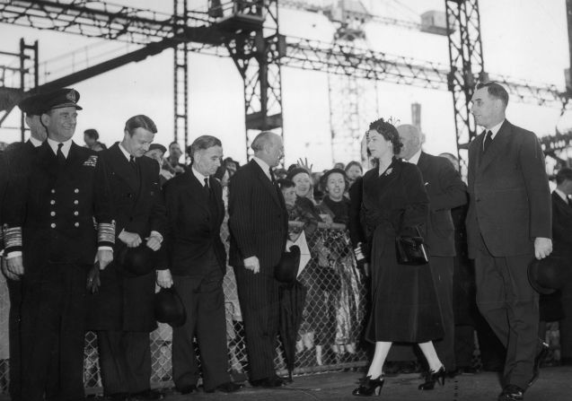 Queen Elizabeth II on her way to perform the launching ceremony of the new Royal Yacht Britannia which is 125.65 meters long.