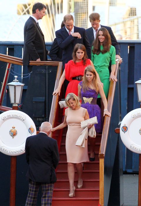 Royals including the Duke and Duchess of Cambridge, Prince Harry, Princess Beatrice and Princess Eugenie were among the guests at a pre wedding party hosted by Zara Phillips and Mike Tindall on the Britannia in July 2011 in Edinburgh.