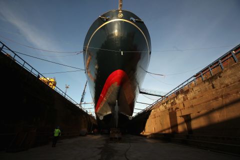 Workmen are currently carrying out painting and repairs on the Royal Yacht Britannia in a dry dock at Forth Ports in Edinburgh.