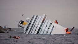 The Costa Concordia cruise ship lies partially submerged off the Italian island of Giglio.on January 16, 2012.