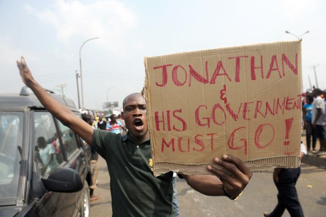 A man protesting against President Jonathan's government for scrapping gas subsidy.