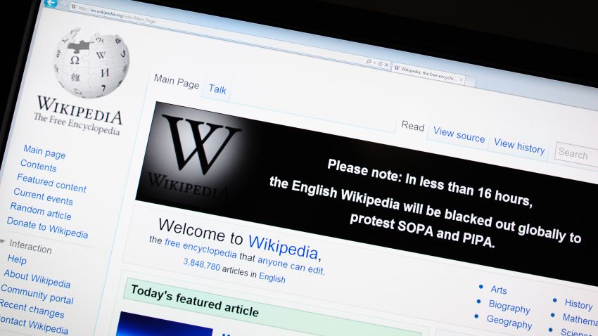 The online encyclopedia Wikipedia is viewed on January 17, 2012 in Washington, DC. Free online knowledge site Wikipedia will shut down for 24 hours beginning at midnight eastern standard time in protest at draft anti-online piracy legislation before the US Congress, founder Jimmy Wales said Monday on Twitter. 