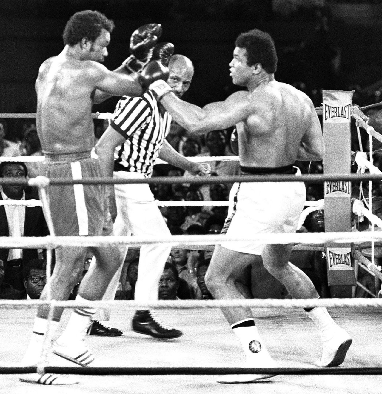 En 1974, Alí participó en una de las más famosas peleas de campeonato mundial en la historia del boxeo. Se enfrentó al campeón George Foreman en Zaire, en una pelea que fue llamada "Rumble in the Jungle". Alí salió victorioso tras noquear a Foreman en el octavo asalto.