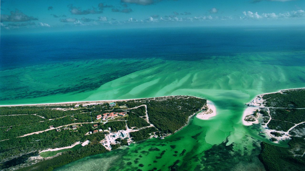 This is the view you get flying by helicopter into swanky Parrot Cay, Turks and Caicos.