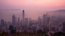 A blanket of haze hangs over the Hong Kong skyline early on April 3, 2011.