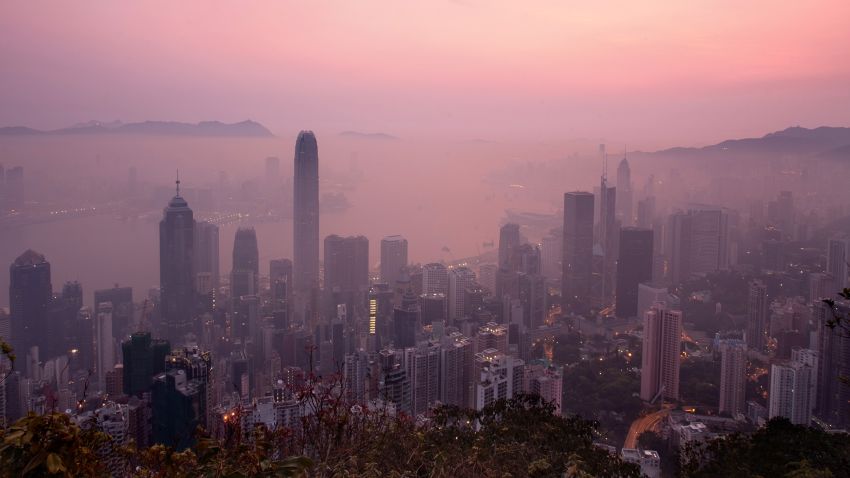 A blanket of haze hangs over the Hong Kong skyline early on April 3, 2011.