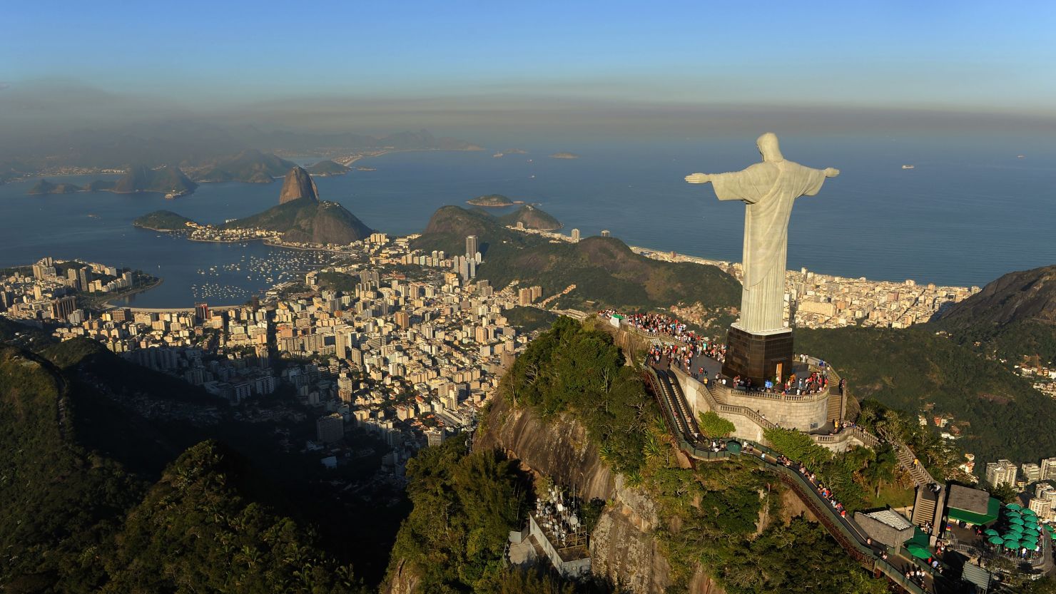 An aerial view of the 'Christ the Redeemer' statue over  Rio de Janeiro, Brazil. 