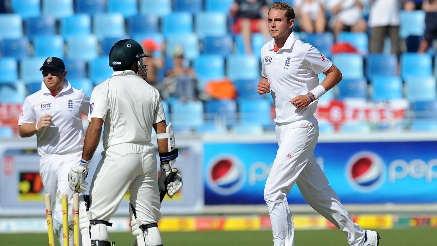 England fast bowler Stuart Broad bowled Pakistan opener Taufiq Umar for 58 in Dubai.