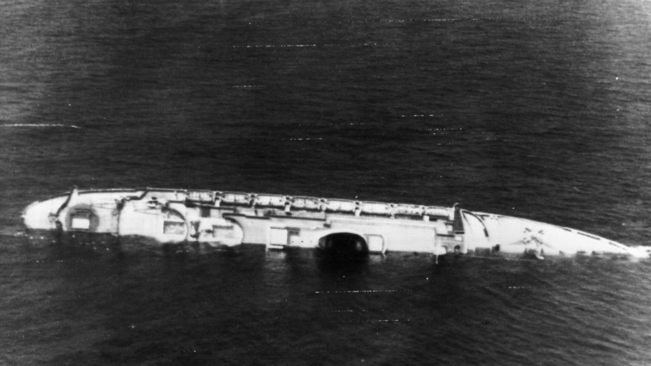 27th July 1956: The Andrea Doria, part of Italy's transatlantic liner fleet, now lies a battered wreck about 300 miles east of New York after colliding with the Swedish liner Stockholm. Four people died in the accident, 1700 passengers were rescued. (Photo by Keystone/Getty Images) 