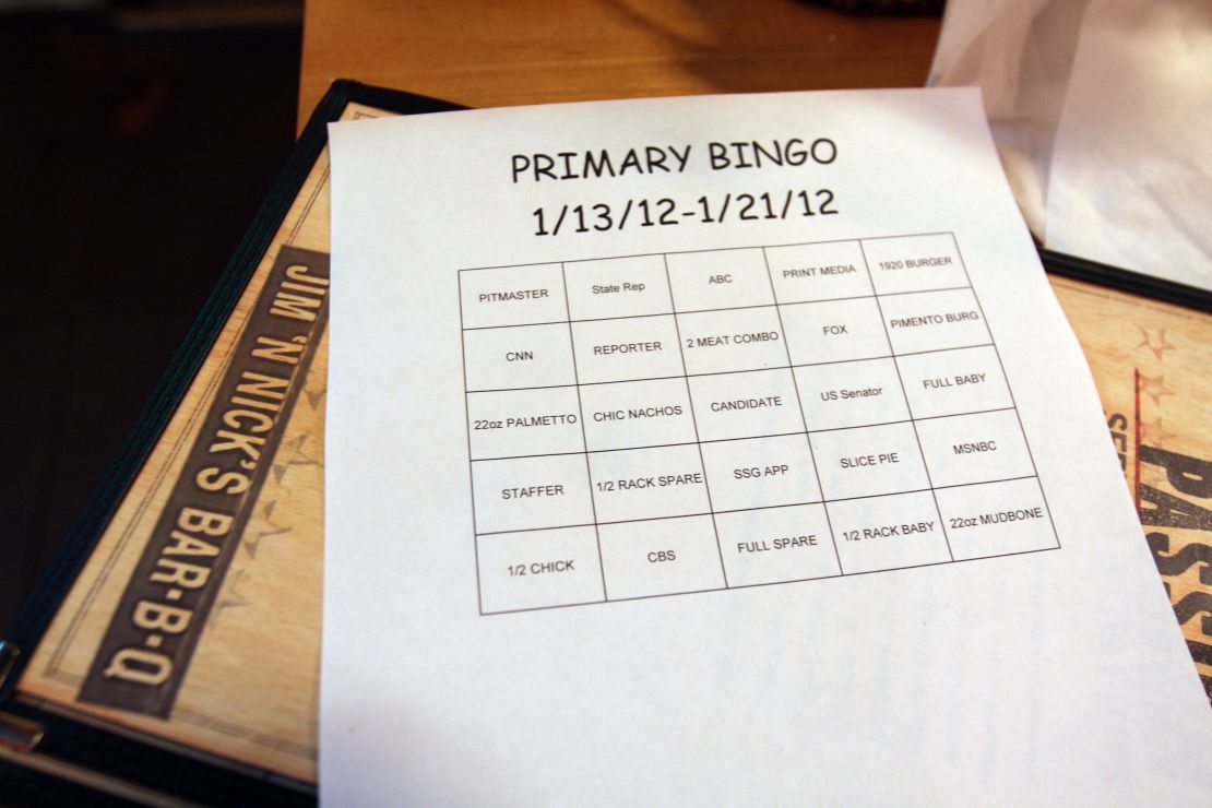 Servers at the restaurant play "Primary Bingo," which includes references to candidates, networks and menu items.