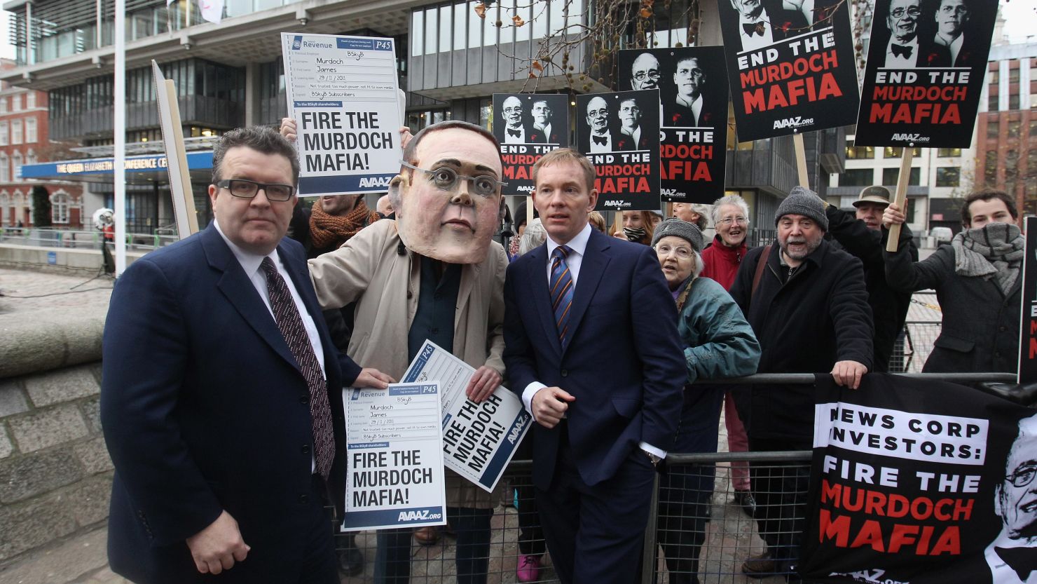 MP Chris Bryant (right) joins protesters calling for James Murdoch to stand down as chairman on November 29, 2011.