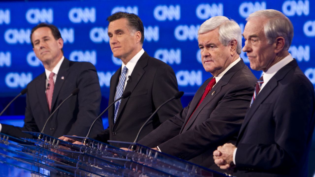 The four remaining GOP presidential candidates, Rick Santorum, Mitt Romney, Newt Gingrich and Ron Paul face off at the CNN debate in Charleston.
